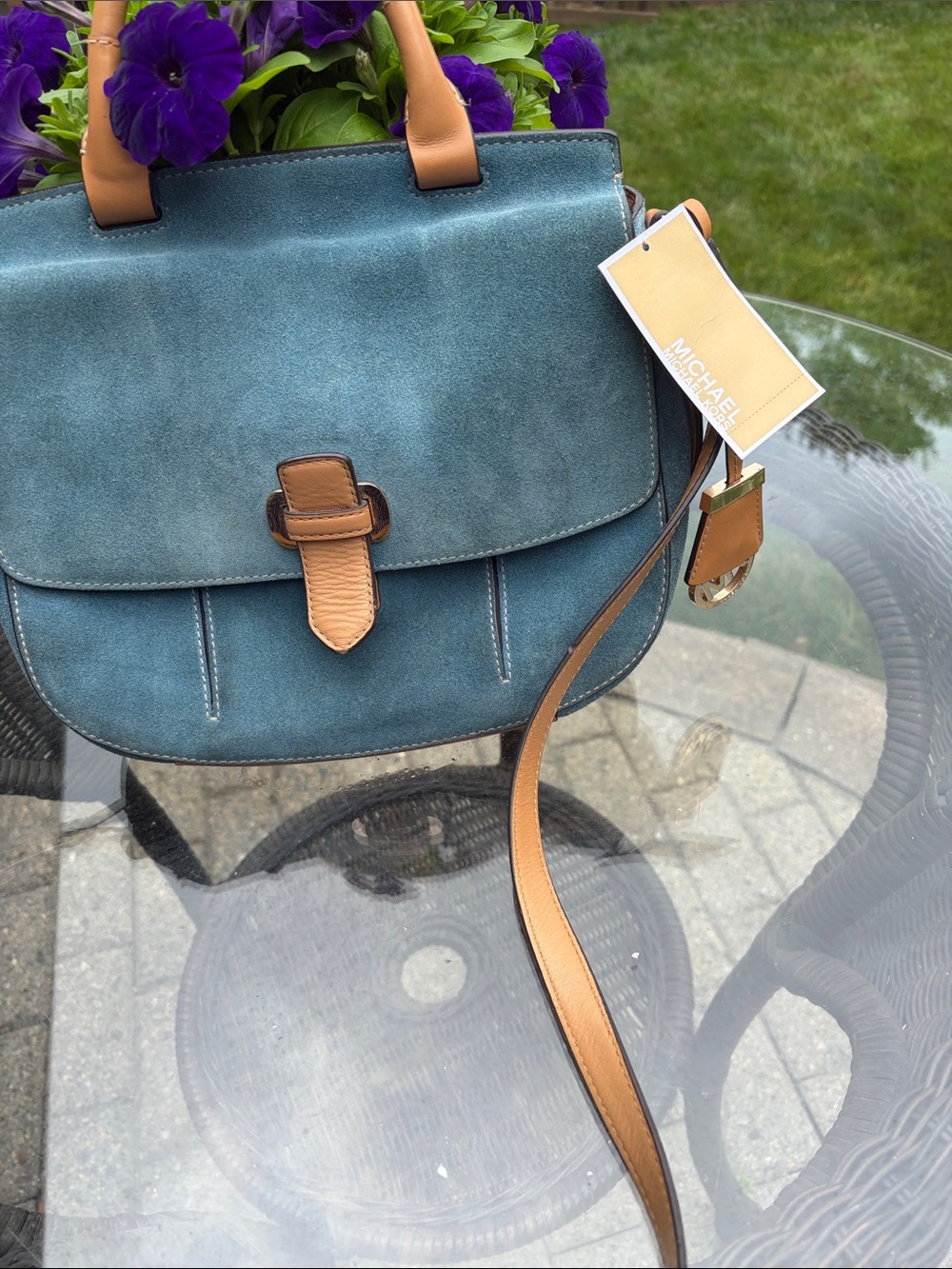 Michael Kors Teal Suede Satchel with Tan Leather Trim